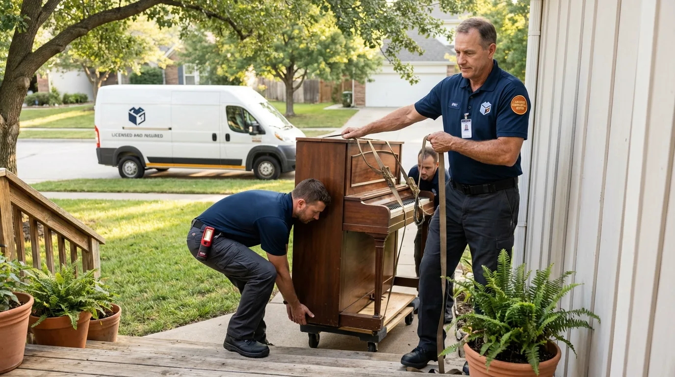 Licensed piano movers securing grand piano in Lakewood, NY