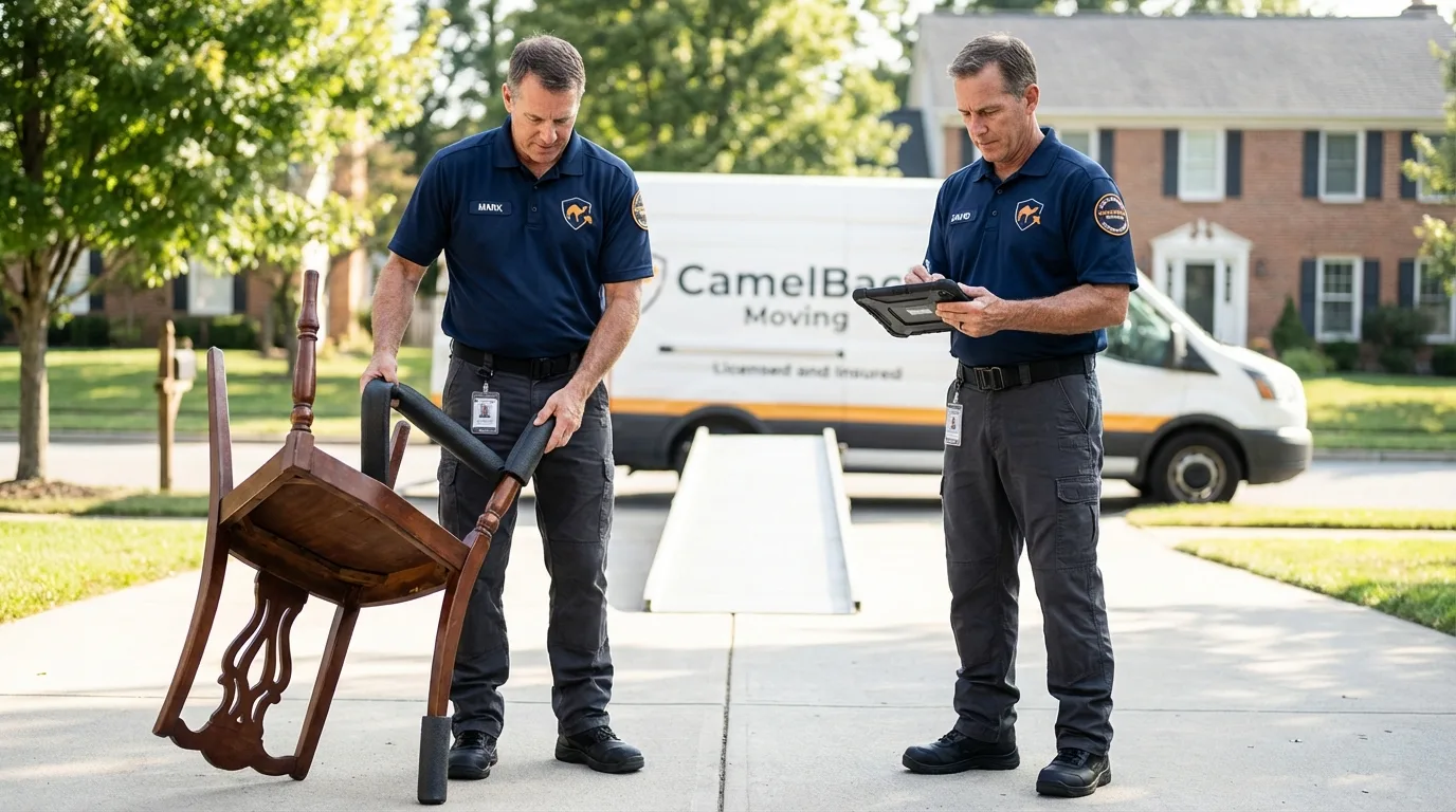 Movers inspecting furniture for damage prevention before loading in Lakewood, NY