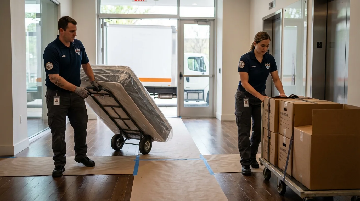 Professional apartment movers loading elevator in Lakewood, NY