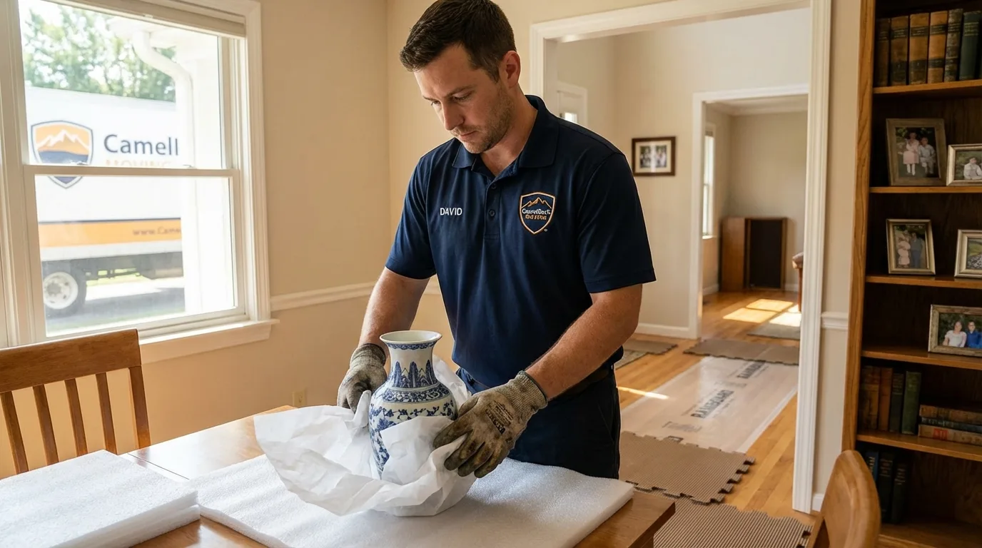Professional crew carefully wrapping antique vase for senior downsizing move in Lakewood, NY