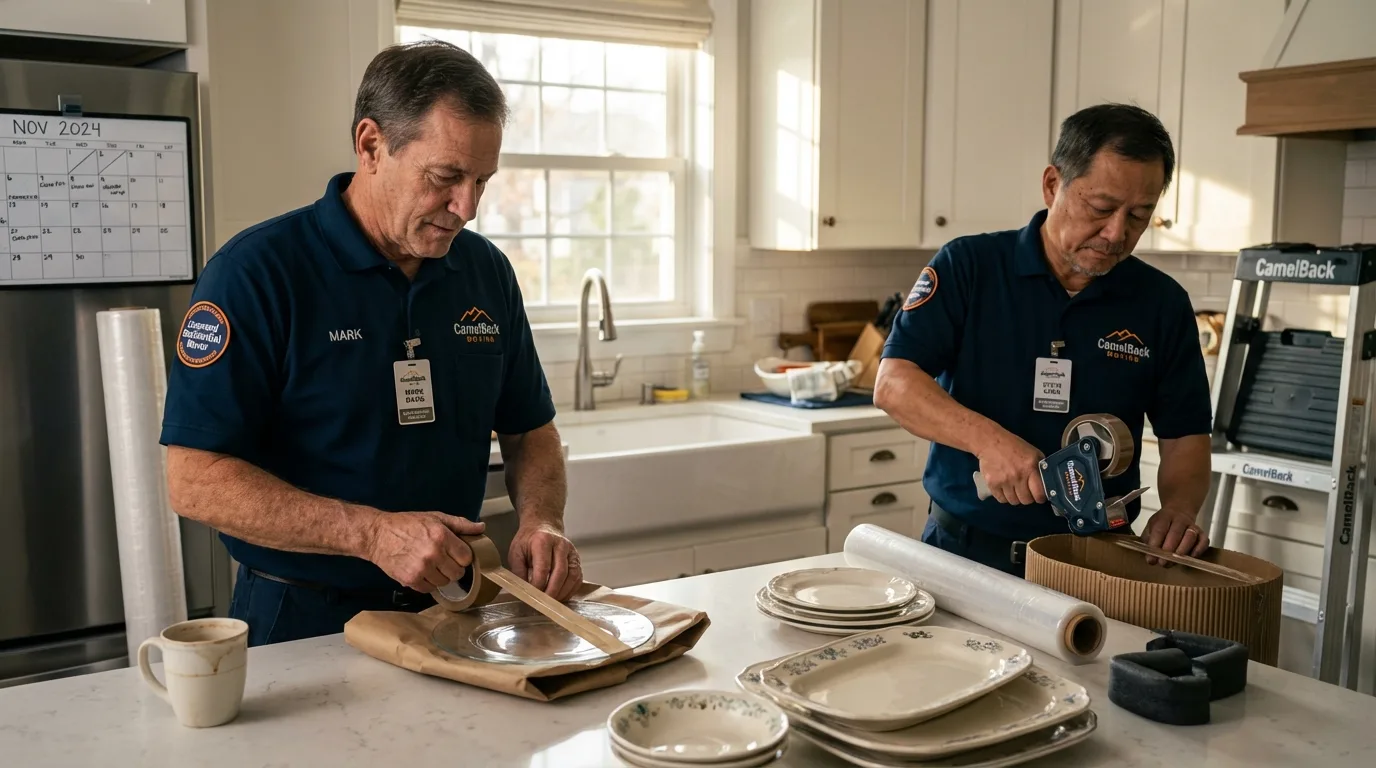 Professional crew packing kitchen dishware in Lakewood, NY